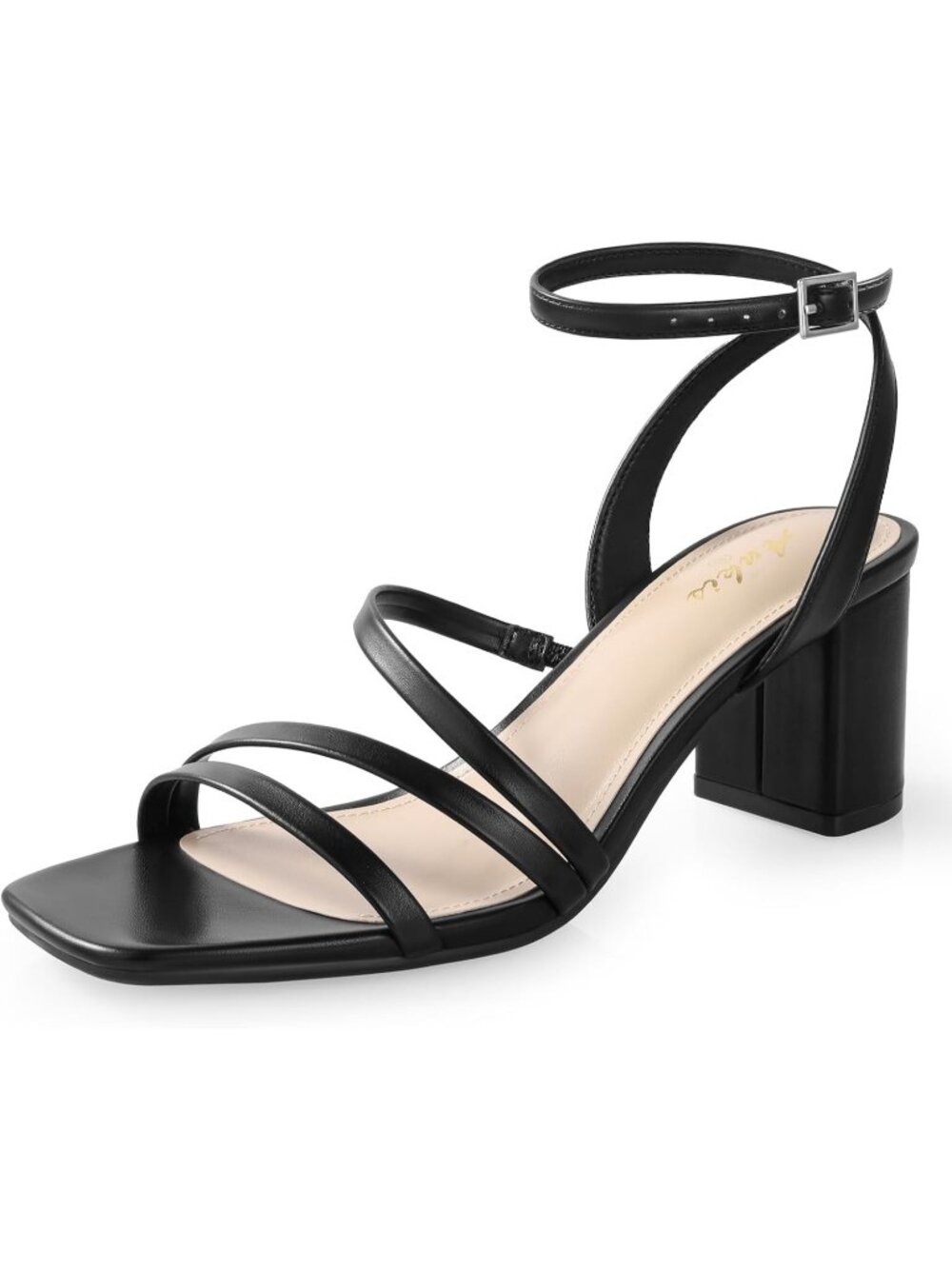 Women's Black Adjustable Buckle Strap Square Open Toe Chunky Dressy Block Heels